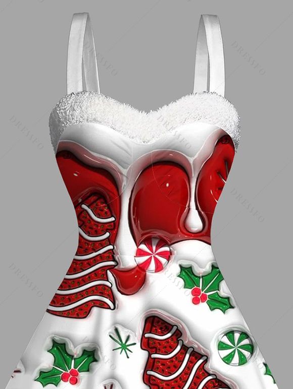 Robe de Noël imprimée sapin de Noël, mini-robe en fausse fourrure - Rouge XXXXXL | US 20