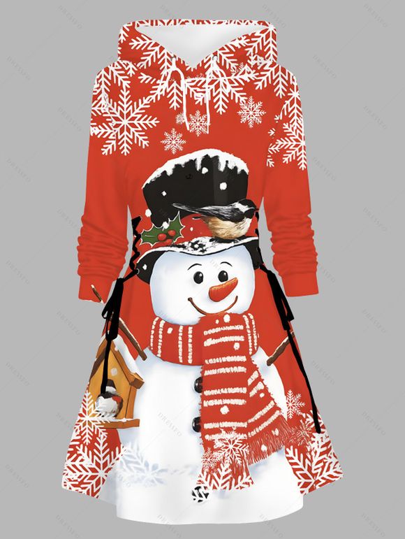 Robe sweat à capuche de Noël à imprimé flocons et bonhommes de neige, lacée - Rouge L | US 8-10