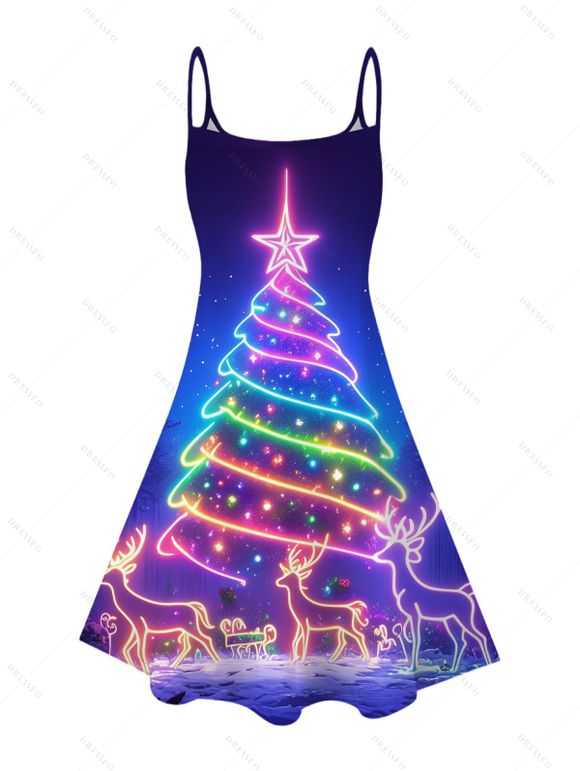 Robe de Noël à imprimé sapin et élans, bretelles spaghetti - INDIGO COLOR XXXXXL | US 20