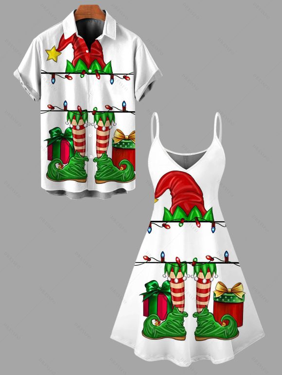 Holiday Couple Outfit Christmas Hat Striped Socks Print Dress and Shirt Set - Vert S | US 4