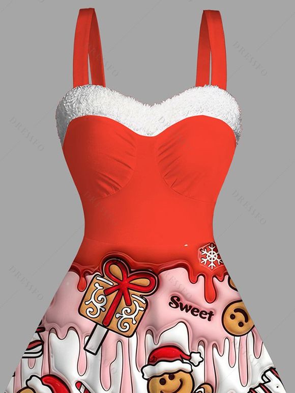 Robe de Noël mini en fausse fourrure avec imprimé bonhomme en pain d'épice et sapin. - Rouge XXXXXL | US 20