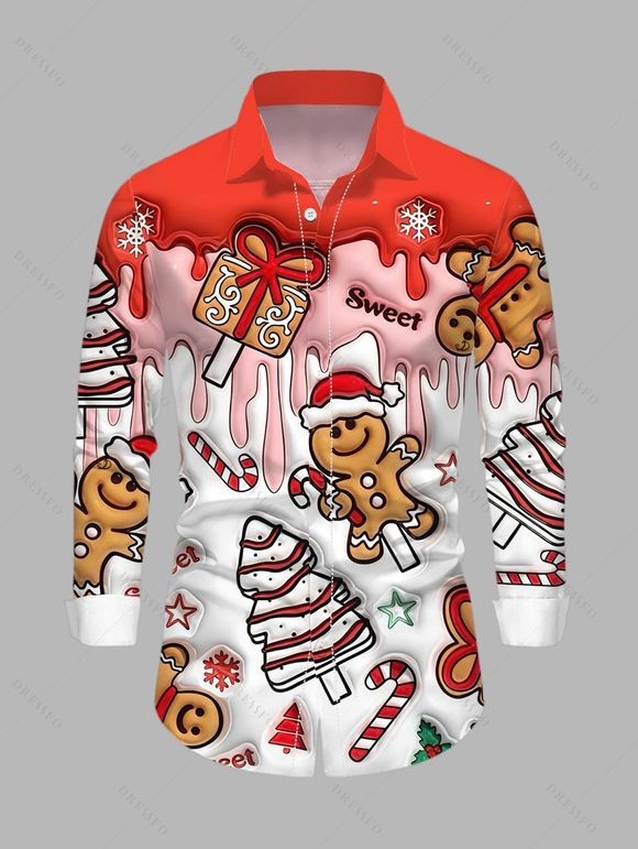 Couple Outfit Gingerbread Man Christmas Tree Print Faux Fur Dress and Shirt Set - Rouge S | US 4