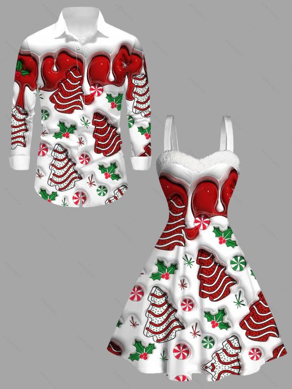 Holiday Couple Outfit Christmas Tree Printed Faux Fur Dress and Shirt Set - Rouge S | US 4