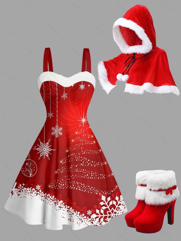 Christmas Outfit Colorblock Snowflake Print Faux Fur Dress and Cape Boots Set - Rouge S | US 4