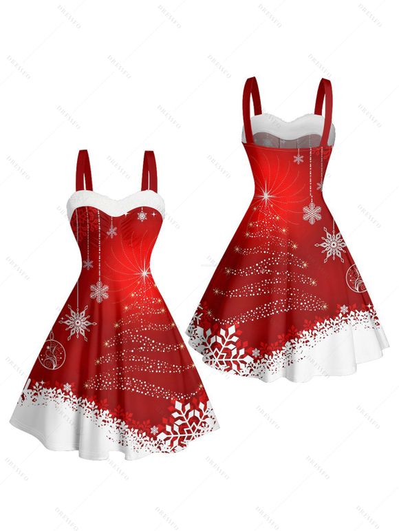 Christmas Outfit Colorblock Snowflake Print Faux Fur Dress and Cape Boots Set - Rouge S | US 4