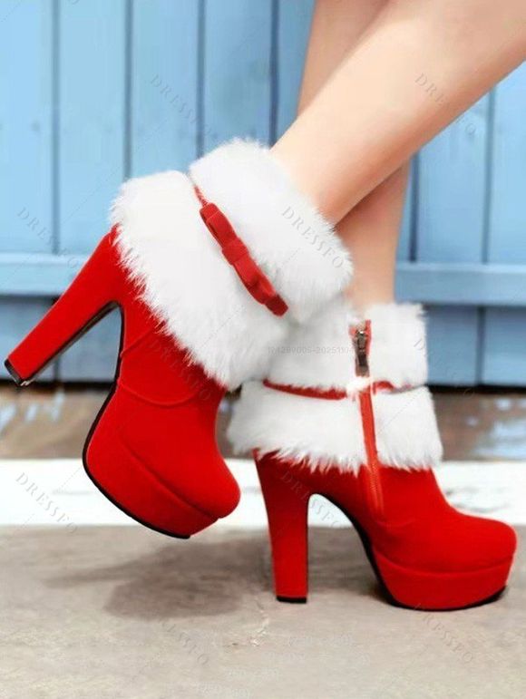 Christmas Outfit Colorblock Snowflake Print Faux Fur Dress and Cape Boots Set - Rouge S | US 4