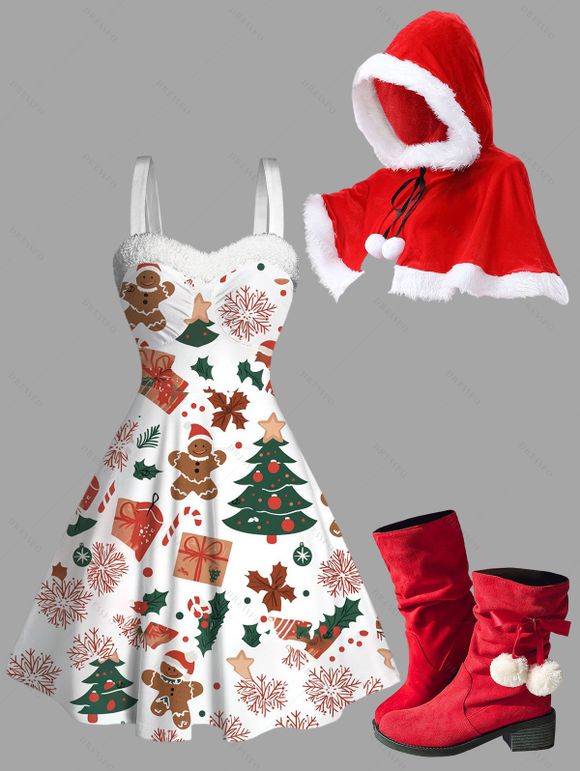Winter Outfit Christmas Tree Gingerbread Man Print Faux Fur Dress and Cape Boots Set - Rouge S | US 4