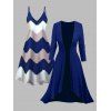 Ensemble deux pièces : robe à fines bretelles et haut long ouvert sur le devant, imprimé zigzag colorblock. - Bleu profond XXL | US 14