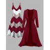 Ensemble deux pièces : robe à fines bretelles et haut long ouvert sur le devant, imprimé zigzag colorblock. - Rouge Vineux XL | US 12