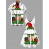 Holiday Couple Outfit Christmas Hat Striped Socks Print Dress and Shirt Set - Vert S | US 4