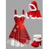 Christmas Outfit Colorblock Snowflake Print Faux Fur Dress and Cape Boots Set - Rouge S | US 4