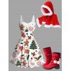 Winter Outfit Christmas Tree Gingerbread Man Print Faux Fur Dress and Cape Boots Set - Rouge S | US 4