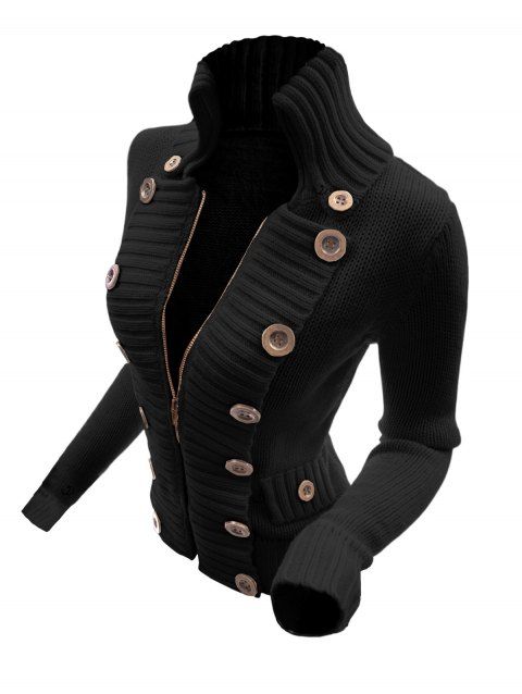 Pull-over uni à fermeture éclair et faux boutons, col montant