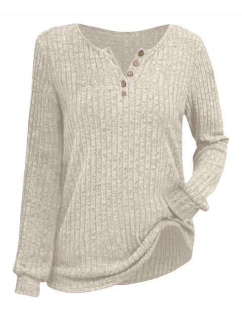 Solid Color Textured Pullover Top Button Long Sleeve Casual Top