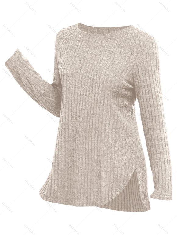 Haut texturé uni à ourlet arrondi et manches longues, style décontracté - Abricot XXL | US 12