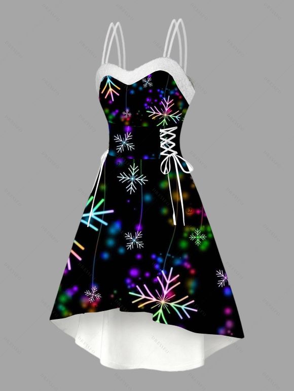 Robe de Noël à pois colorés et flocons de neige, lacée, en fausse fourrure, asymétrique - Noir XXL | US 14
