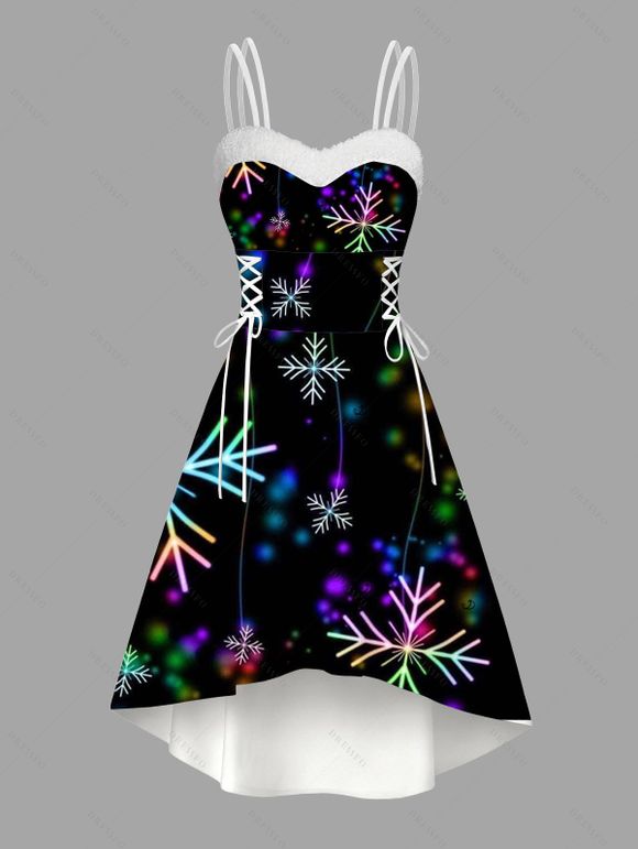 Robe de Noël à pois colorés et flocons de neige, lacée, en fausse fourrure, asymétrique - Noir XXL | US 14
