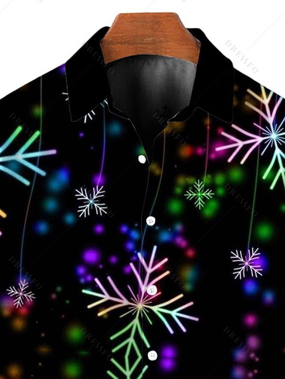 Chemise de Noël pour homme, chemise boutonnée à imprimé flocons de neige colorés - Noir XL