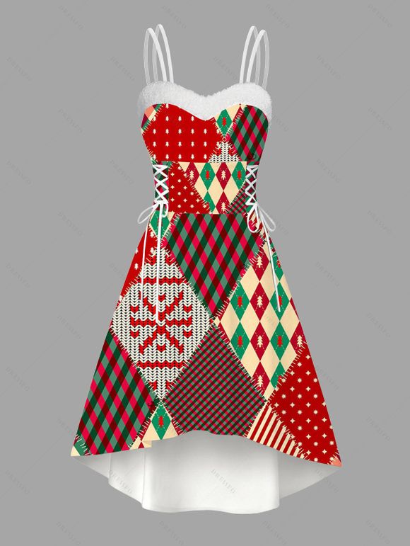 Robe de Noël vintage à carreaux géométriques, imprimé en fausse fourrure, lacets, coupe asymétrique - multicolor XXL | US 14