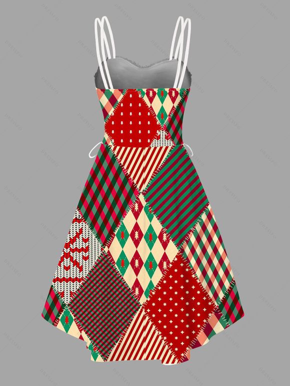 Robe de Noël vintage à carreaux géométriques, imprimé en fausse fourrure, lacets, coupe asymétrique - multicolor XXL | US 14