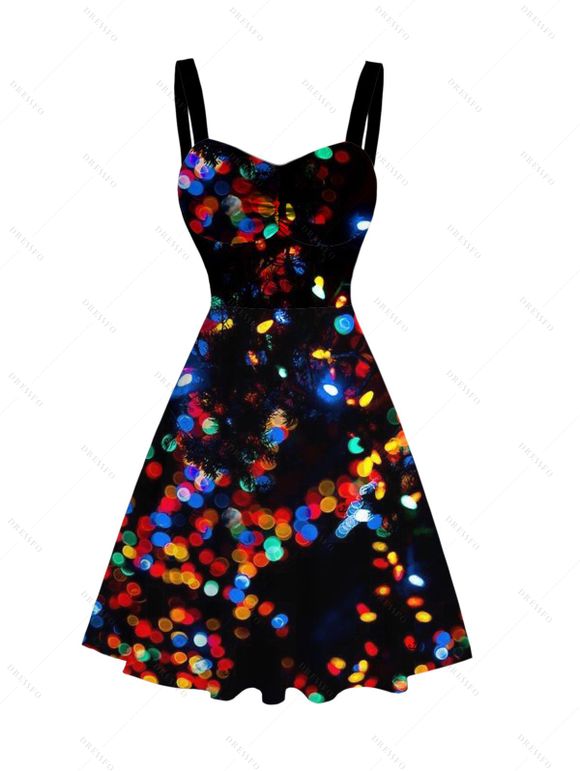 Christmas Couple Outfit Colored Light Print Dress and Shirt Set - Noir S | US 4