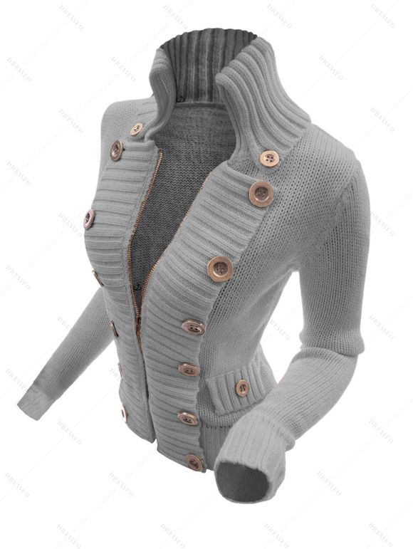 Pull-over uni à fermeture éclair et faux boutons, col montant - Gris XXL | US 14