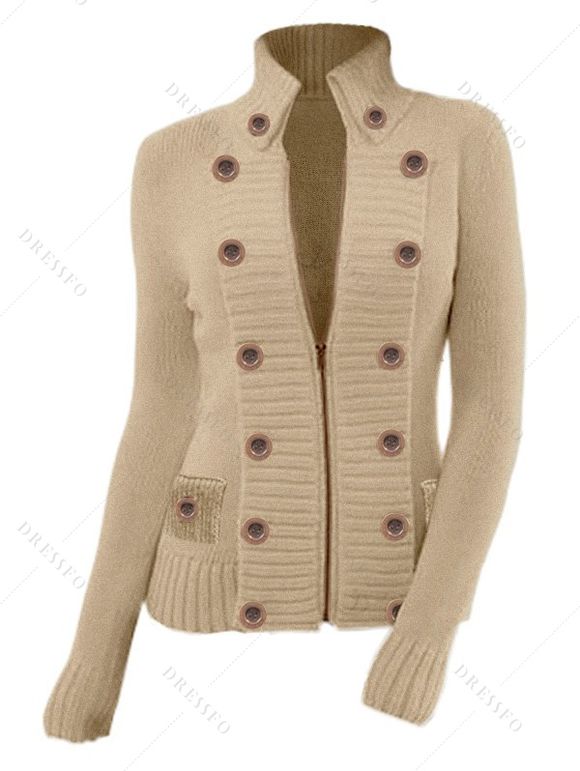 Pull-over uni à fermeture éclair et faux boutons, col montant - café lumière M | US 6