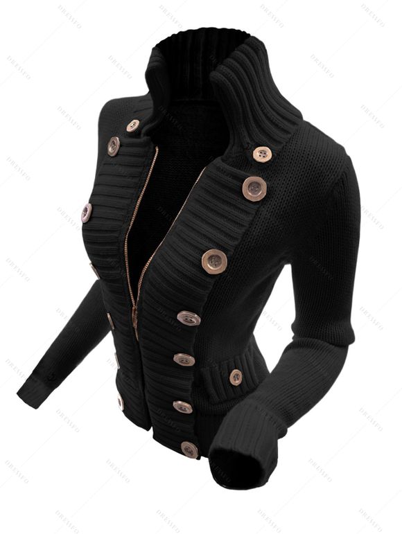 Pull-over uni à fermeture éclair et faux boutons, col montant - Noir XXL | US 14