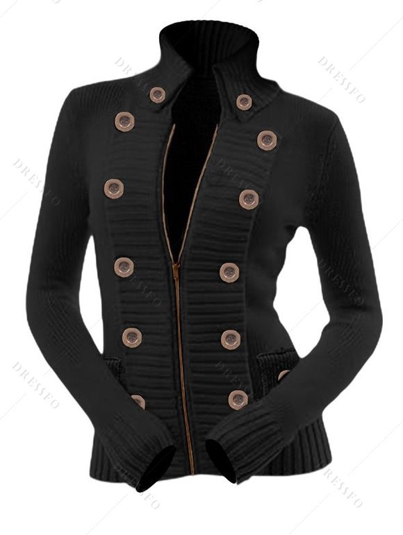 Pull-over uni à fermeture éclair et faux boutons, col montant - Noir XXL | US 14