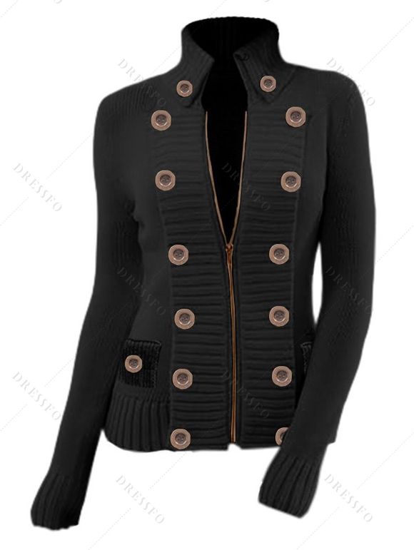 Pull-over uni à fermeture éclair et faux boutons, col montant - Noir XXL | US 14