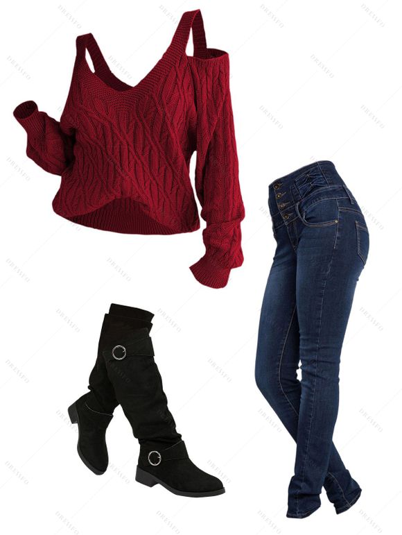 Women Outfit Cold Shoulder Knitted Sweater Button Fly Jeans and Boots Set - Rouge Vineux S | US 4