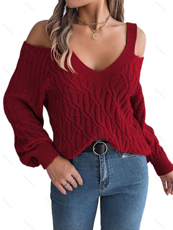 Women Outfit Cold Shoulder Knitted Sweater Button Fly Jeans and Boots Set - Rouge Vineux S | US 4
