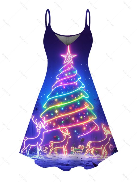 Holiday Couple Outfit Christmas Tree Elk Print Dress and Shirt Set - INDIGO COLOR S | US 4