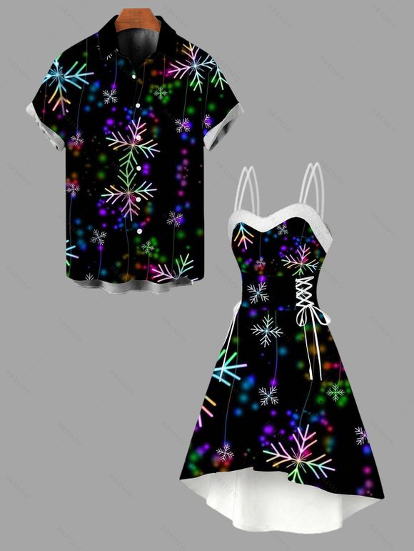 Christmas Couple Outfit Colored Snowflake Print Faux Fur Dress and Shirt Set - Noir S | US 4