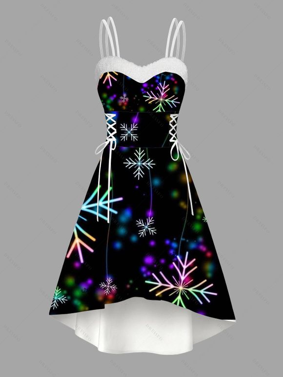 Christmas Couple Outfit Colored Snowflake Print Faux Fur Dress and Shirt Set - Noir S | US 4