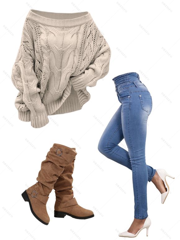 Women Outfit Cable Knit Off the Pullover Shoulder Sweater Jeans and Boots Set - Abricot S | US 4
