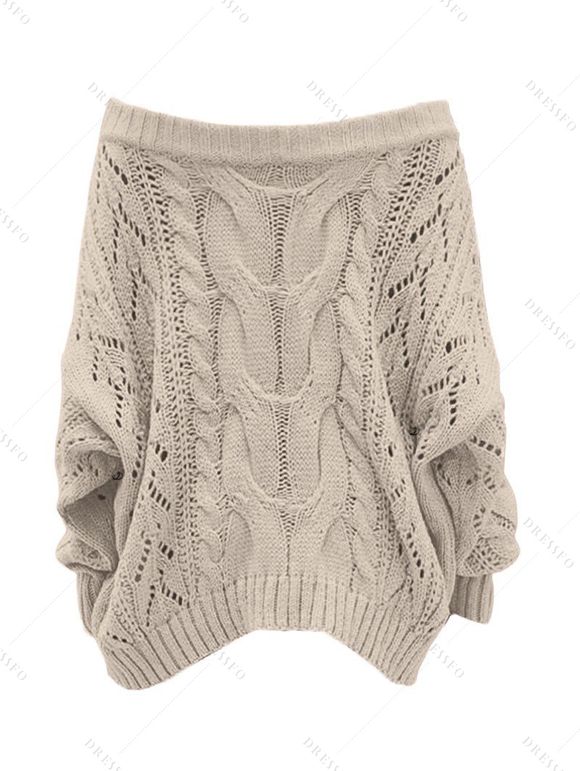 Women Outfit Cable Knit Off the Pullover Shoulder Sweater Jeans and Boots Set - Abricot S | US 4