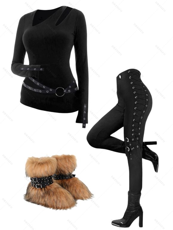 Winter Women Outfit Cut Out Top Grommet Leggings Faux Fur Boots Set - Noir S | US 4