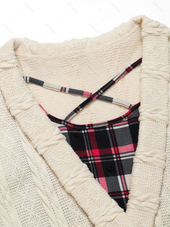 Women Outfit Colorblock Plaid Print Cable Knit Top Jeans and Boots Set - Abricot S | US 4