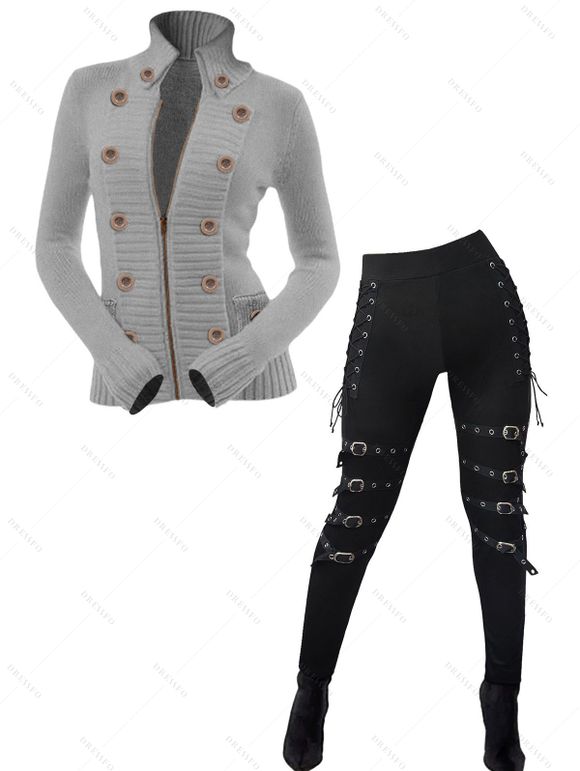 Women Outfit Zip Up Mock Button Stand-up Collar Sweater and Leggings Set - Gris Clair S | US 4