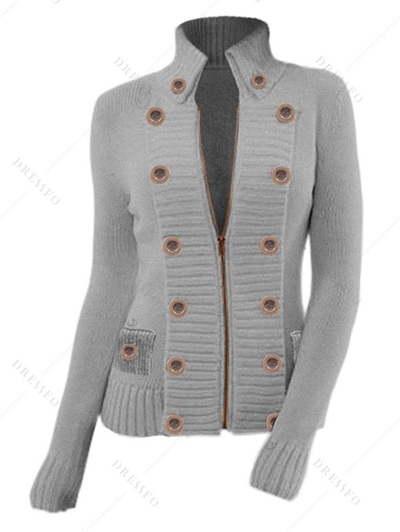 Women Outfit Zip Up Mock Button Stand-up Collar Sweater and Leggings Set - Gris Clair S | US 4
