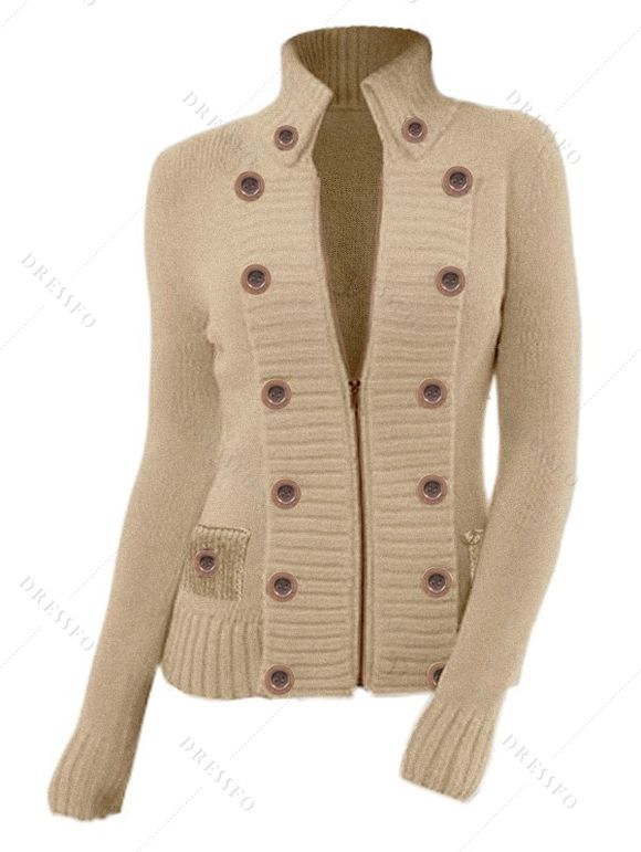 Women Outfit Zip Up Mock Button Stand-up Collar Sweater and Leggings Set - café lumière S | US 4