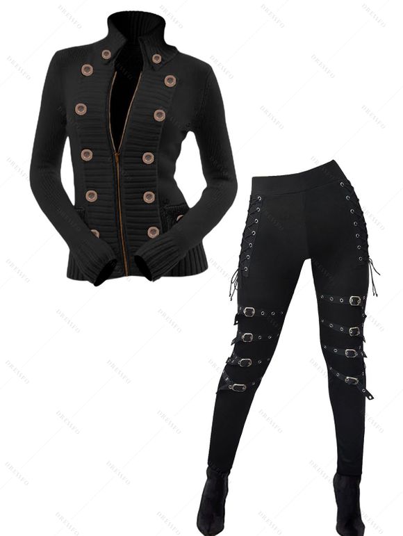 Women Outfit Zip Up Mock Button Stand-up Collar Sweater and Leggings Set - Noir S | US 4