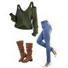 Women Outfit Solid Color Knitted Cold Shoulder Sweater Jeans and Boots Set - Vert Armée S | US 4