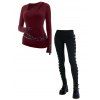 Gothic Women Outfit Grommet O-ring Cut Out Top and Leggings Set - Rouge Vineux S | US 4