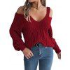 Women Outfit Cold Shoulder Knitted Sweater Button Fly Jeans and Boots Set - Rouge Vineux S | US 4