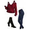 Women Outfit Cold Shoulder Knitted Sweater Button Fly Jeans and Boots Set - Rouge Vineux S | US 4
