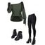 Gothic Women Outfit Textured Lace Up Cut Out Top Buckle Leggings and Boots Set - Vert Armée S | US 4