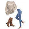 Women Outfit Cable Knit Off the Pullover Shoulder Sweater Jeans and Boots Set - Abricot S | US 4