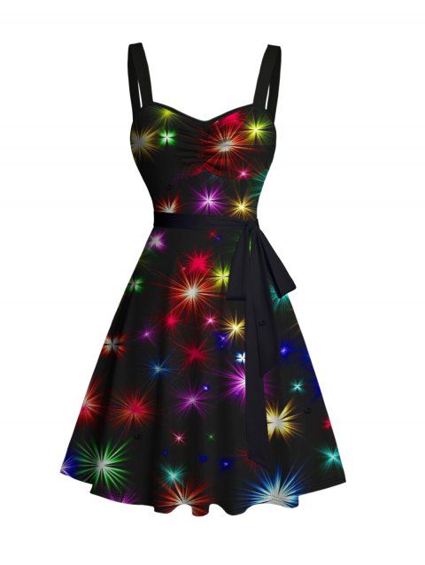 Robe mini froncée à ceinture de vacances, couleur brillante, motif étoiles